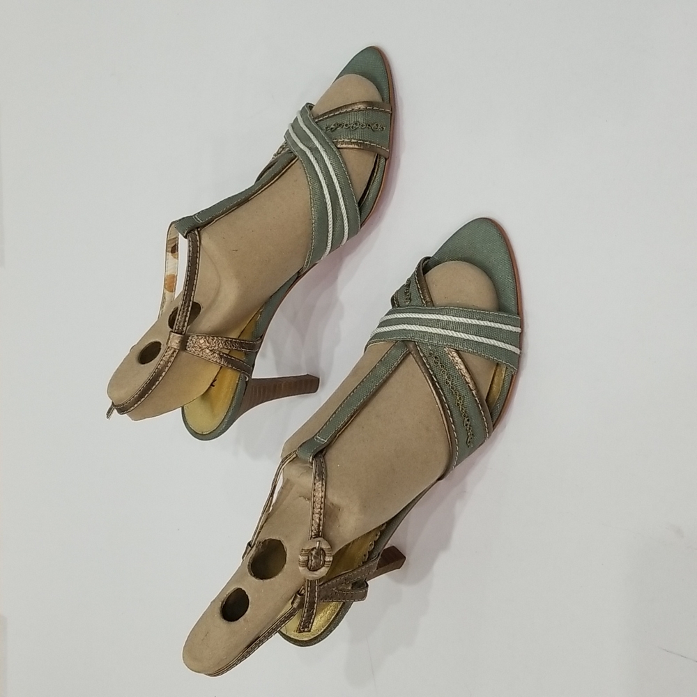 Kenzie Dazzling Blue Green Canvas Upper w/Gold White Trim T-strap Slingback
